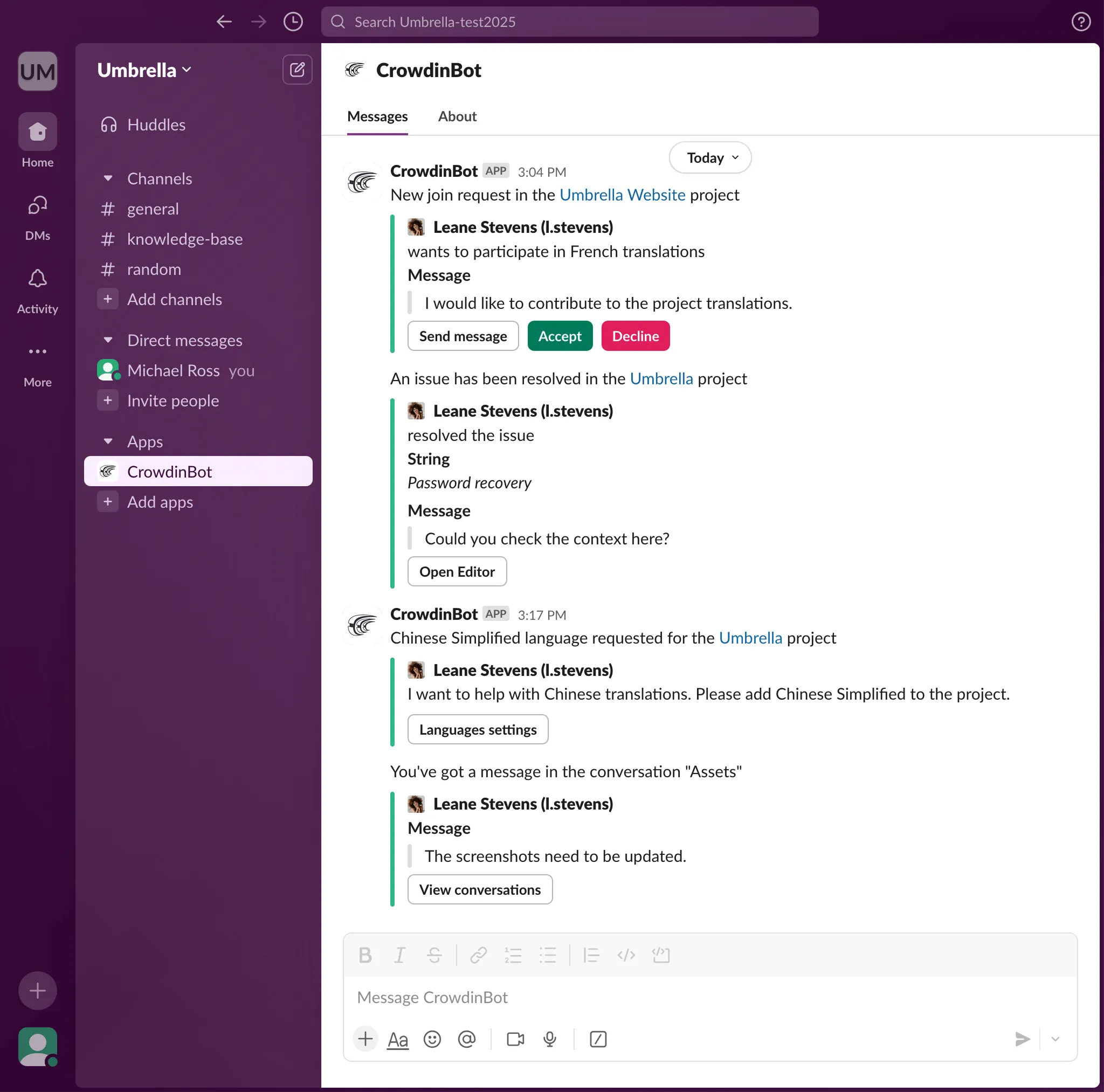 Slack 中的 Crowdin 通知